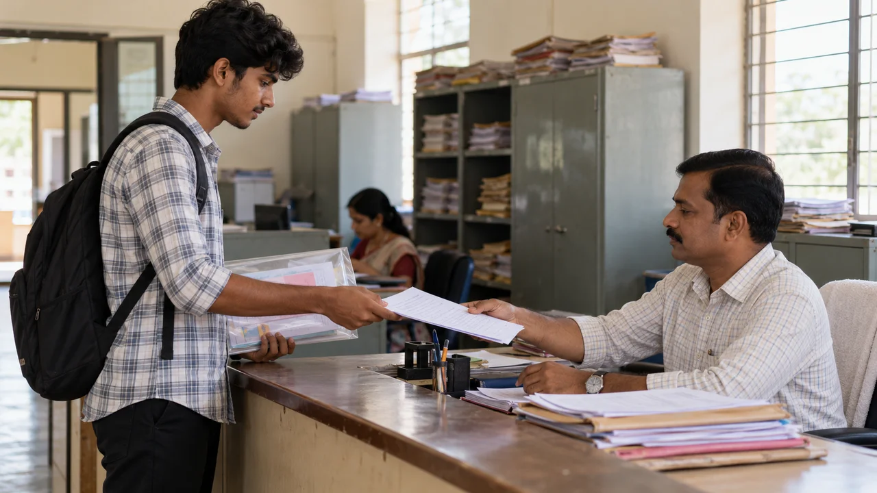 An Indian student stands at a college hostel office counter handing a signed admission application and a folder of documents to a staff member.
