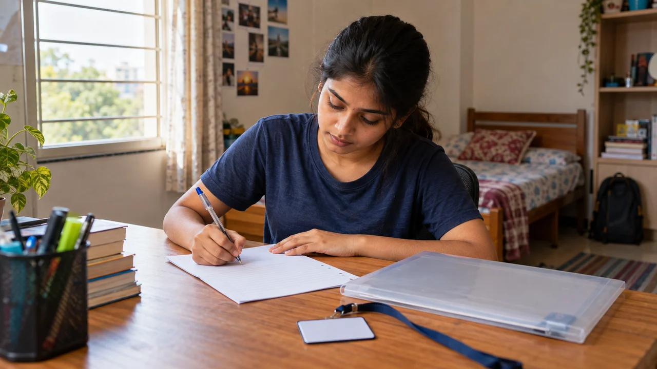 An Indian college student sits at a wooden hostel desk writing a formal application letter by hand, with a folder of documents beside her.