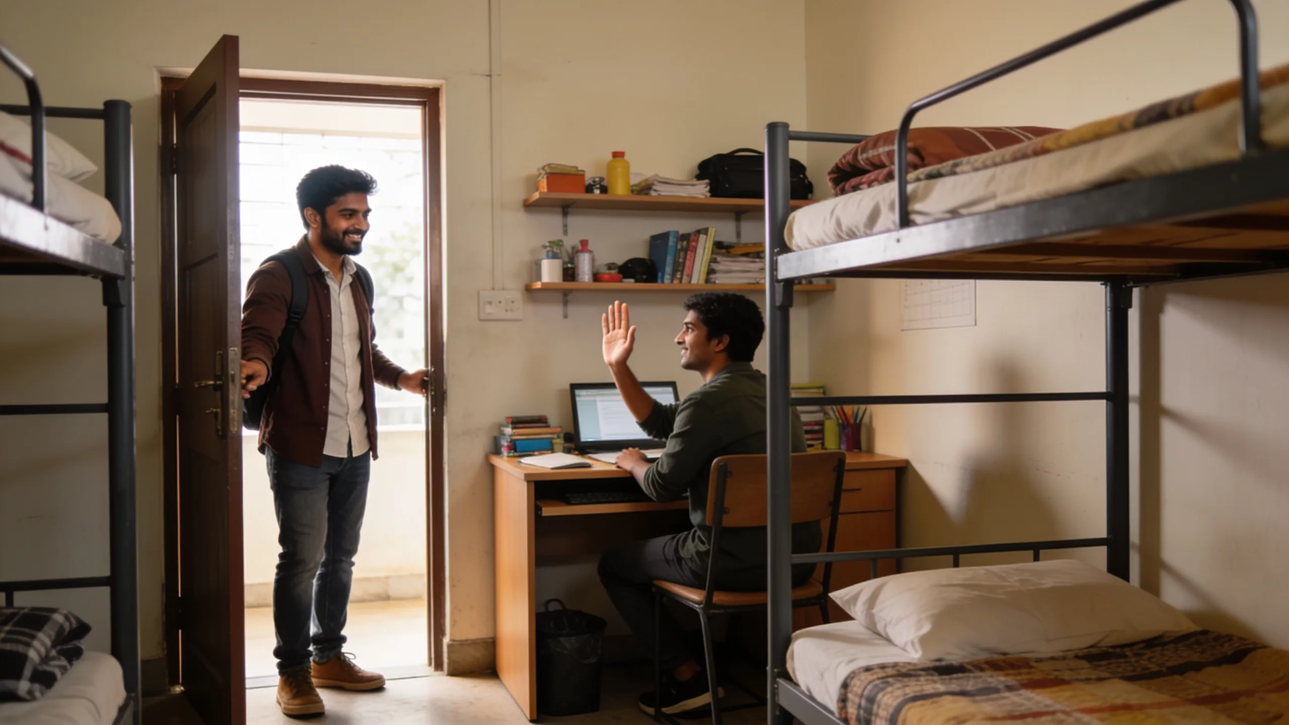 Student introducing a visiting friend to roommate in hostel room in India
