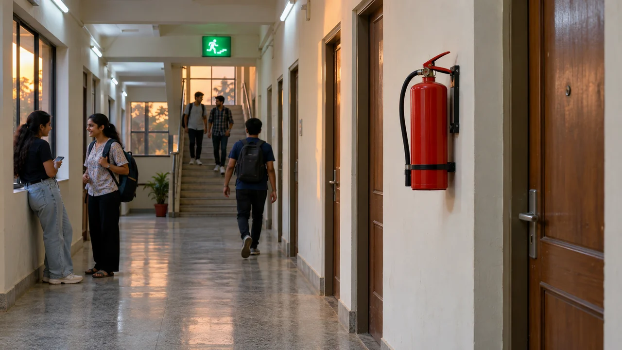 A hostel corridor in India with a red fire extinguisher mounted on the wall beside a lit exit sign and a staircase door.
