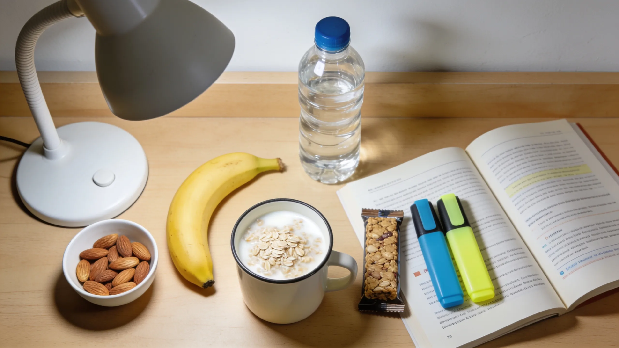 Student desk during exam preparation with healthy snacks, almonds, banana, water bottle, and oats