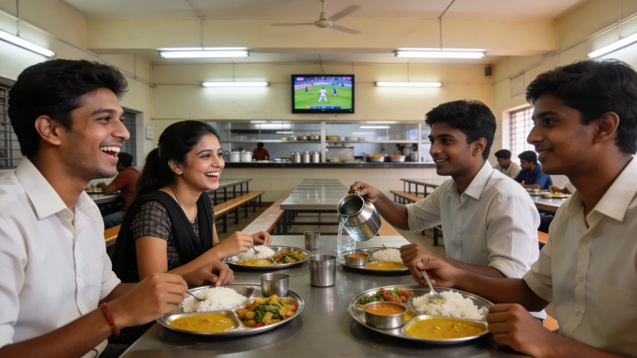 Indian hostel students eating dinner together at mess table bonding