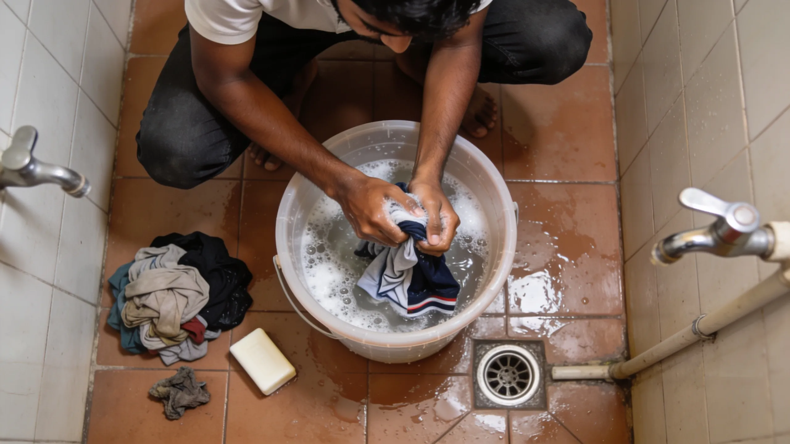 Student hand washing clothes in a plastic bucket on a hostel bathroom floor