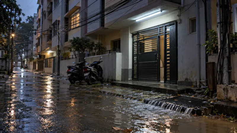 Murky water from an overflowing roadside drain pools across the entrance step of a multi-storey PG building after evening rain, with two wet scooters parked under overhead cables and a tube light above a steel gate.