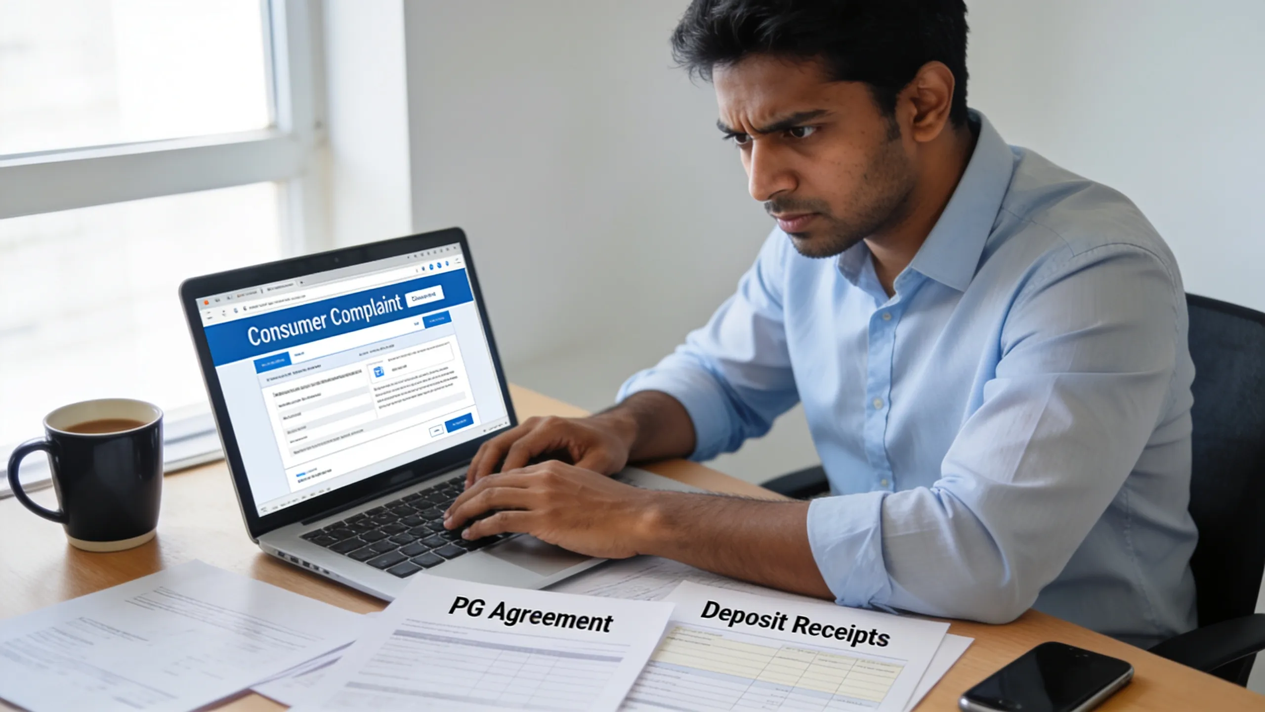 Young professional filing consumer complaint on laptop for PG deposit refund India