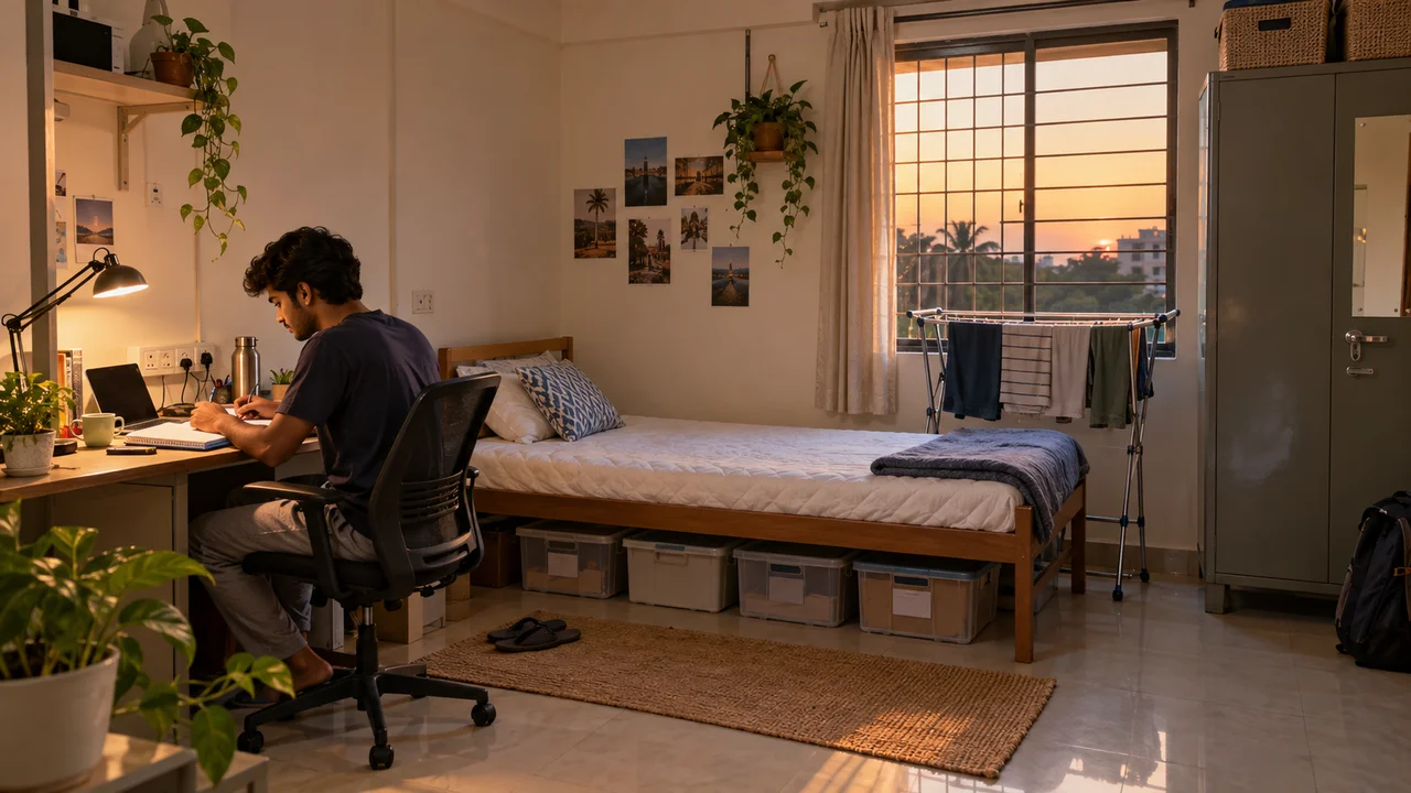 A tidy Indian hostel room with a study desk, a clip-on LED lamp, an extension board, under-bed storage boxes and a folding clothes rack near the window.