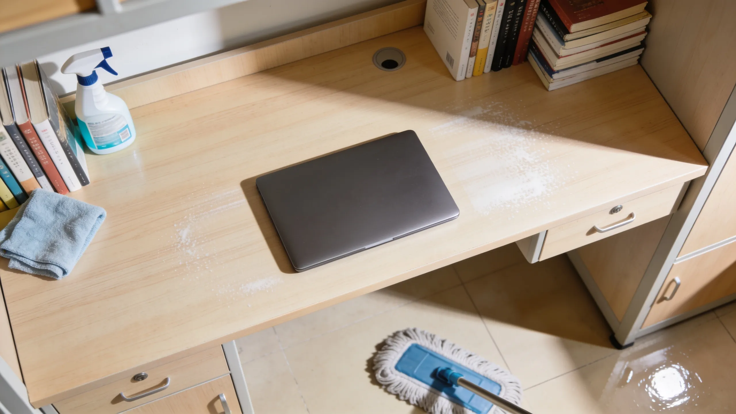 Organized hostel room desk after cleaning with supplies visible in India