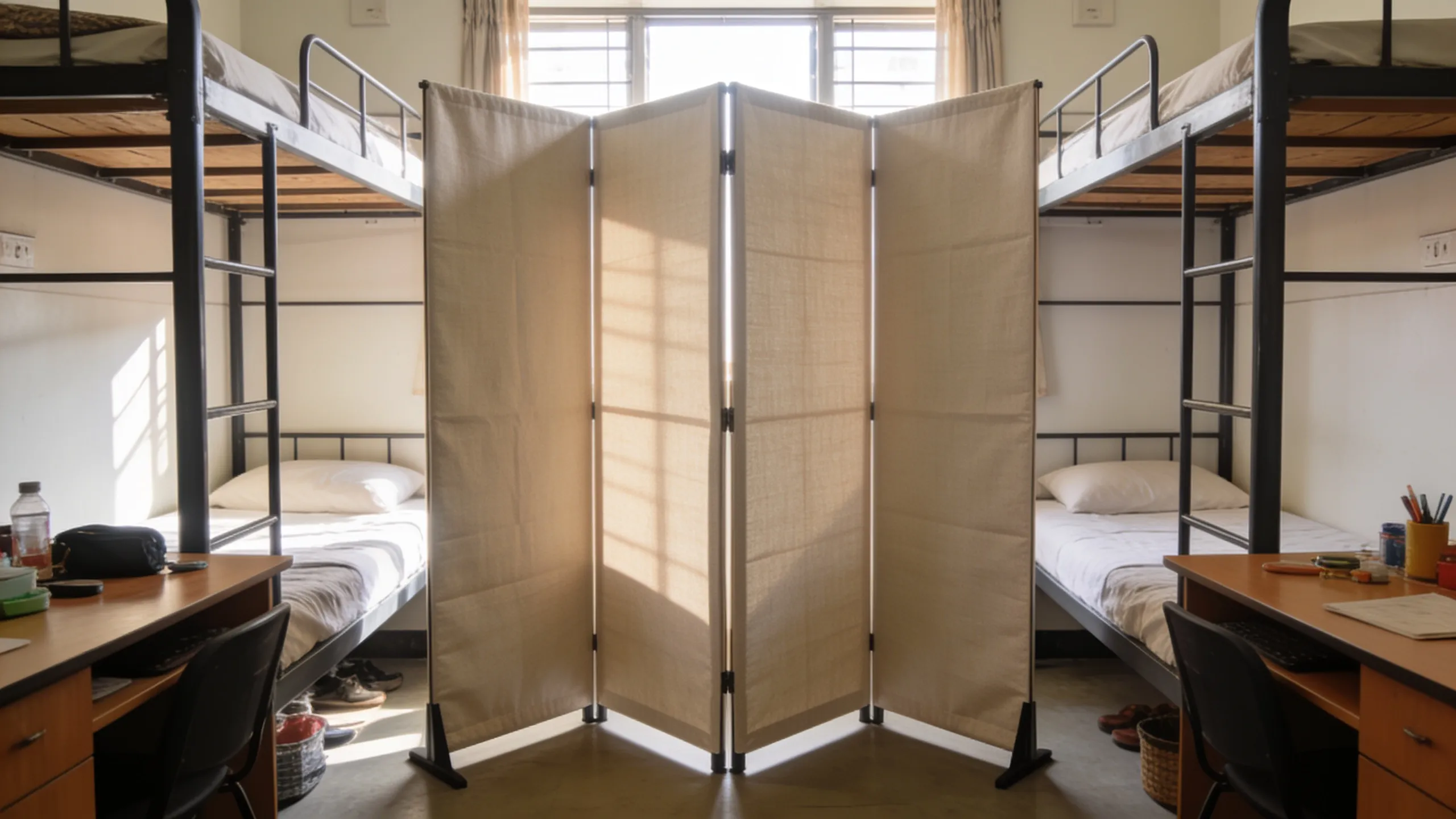 Room divider separating two beds in a twin-sharing hostel room India