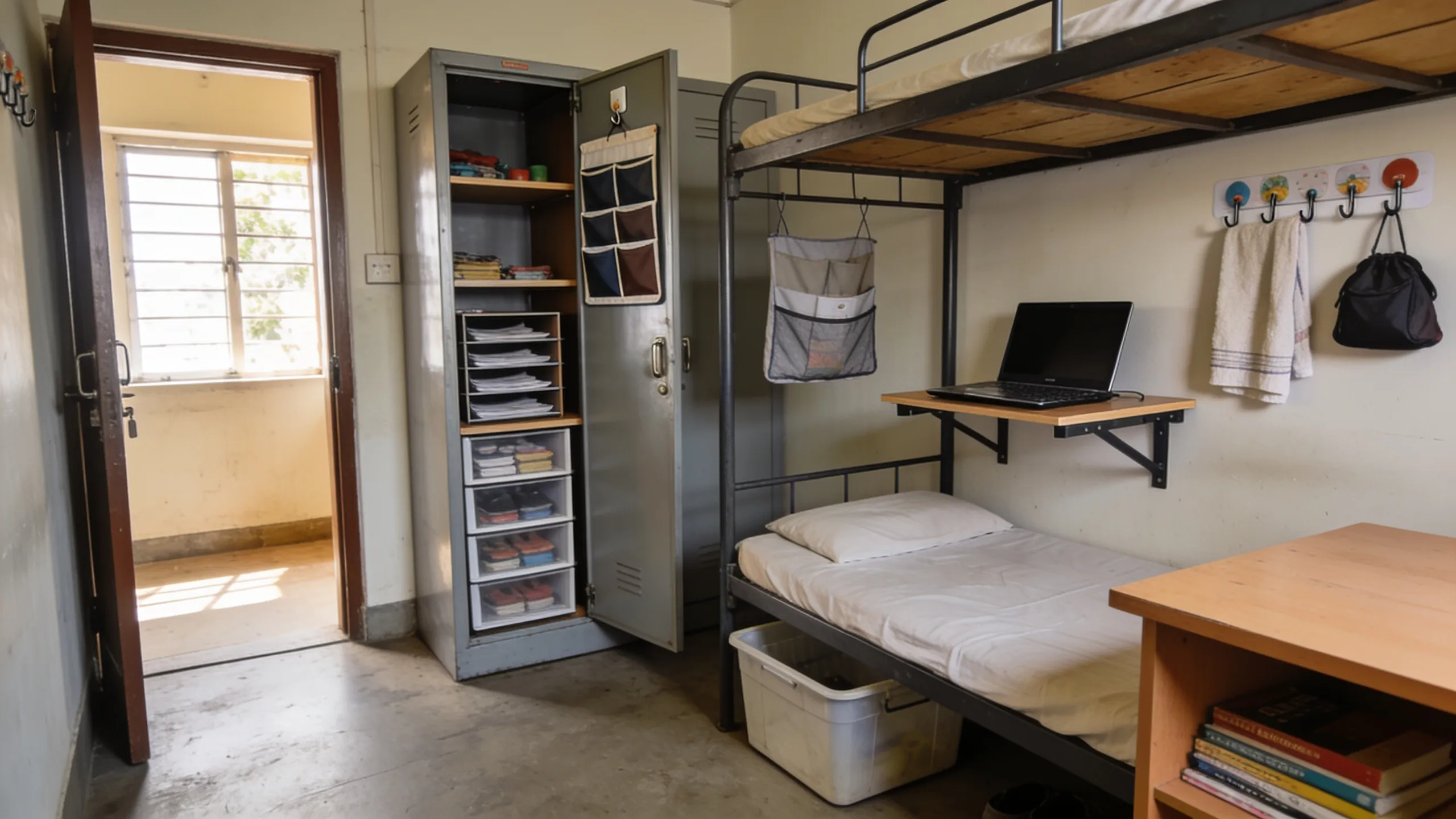 Hostel room using under-bed bin, over-door organizer, wall hooks and cupboard shelf inserts