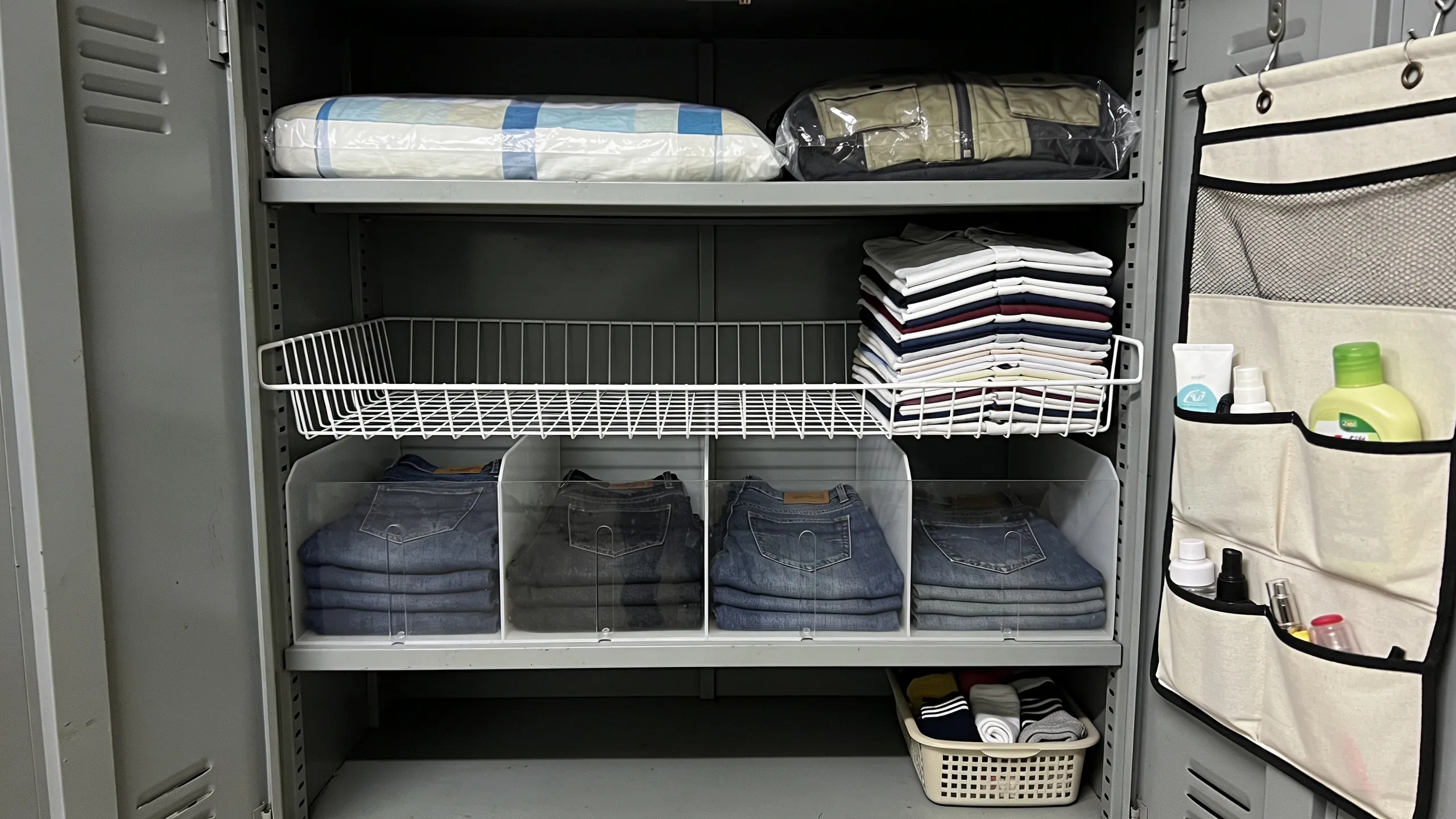 Inside view of hostel cupboard with stackable shelf insert doubling the shelf space