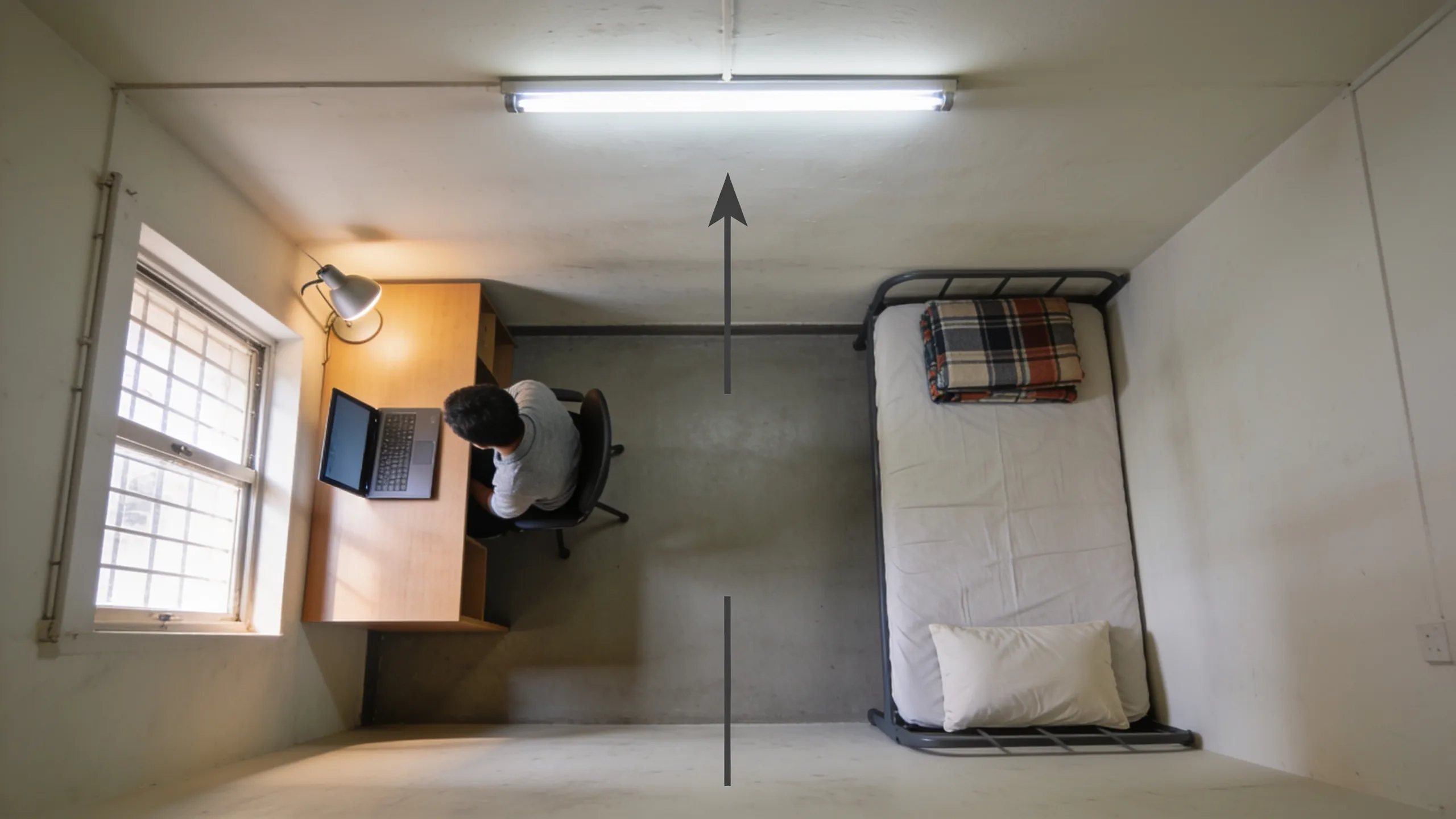 Hostel room desk placement diagram showing desk against wall facing away from bed with side window lighting