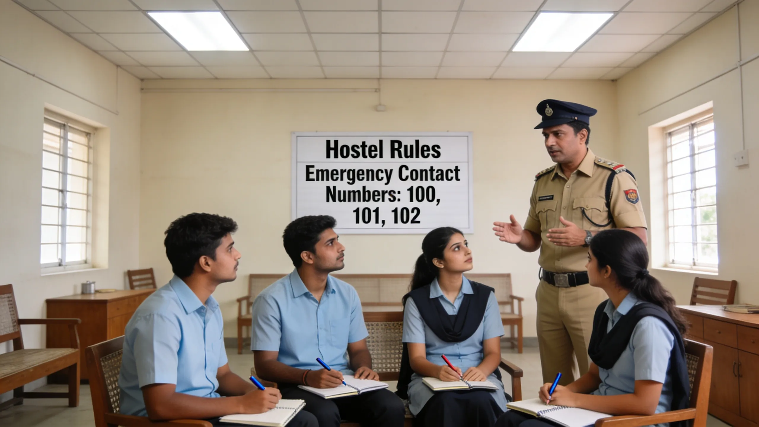 Student checking safety features in a hostel room including fire extinguisher and window locks