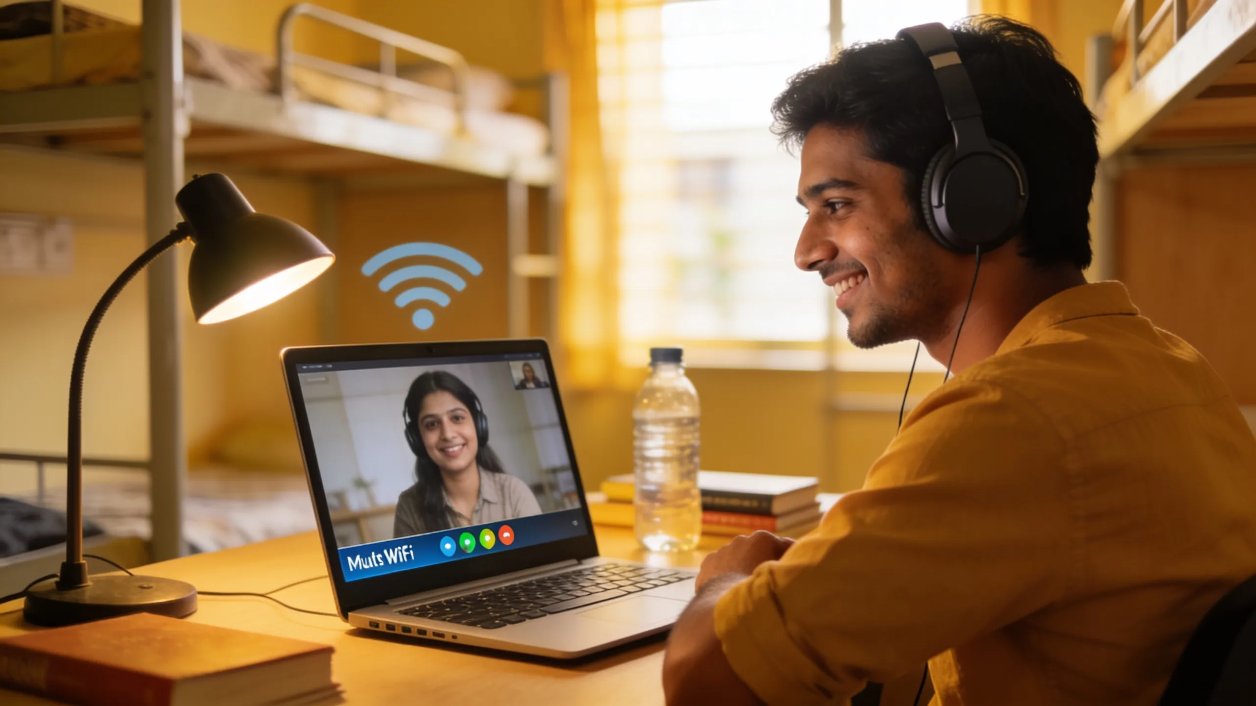 Student on video call in hostel room with stable internet connection