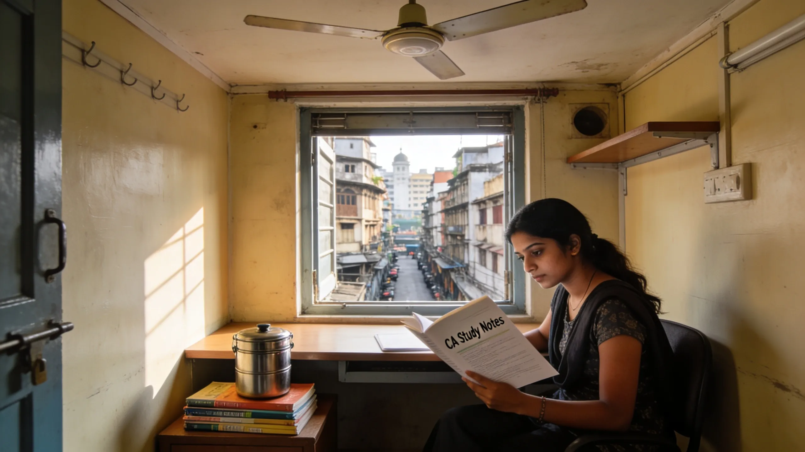 Hostel room near Churchgate Mumbai with study setup for CA students