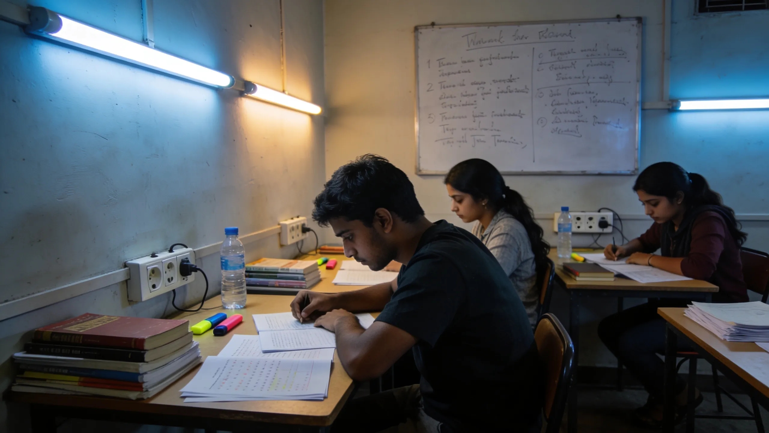 Hostel study room with multiple CA students revising in Mumbai