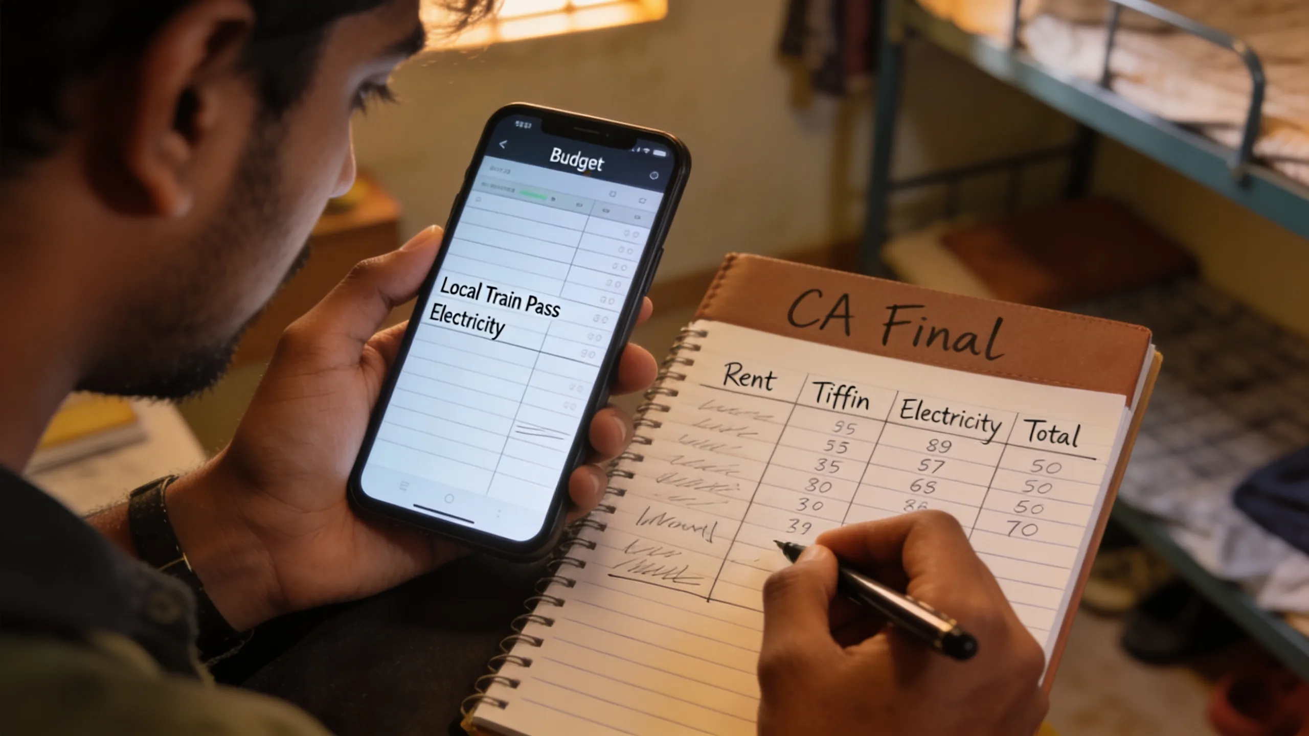 CA student calculating monthly hostel budget in Mumbai with rent and commute breakdown