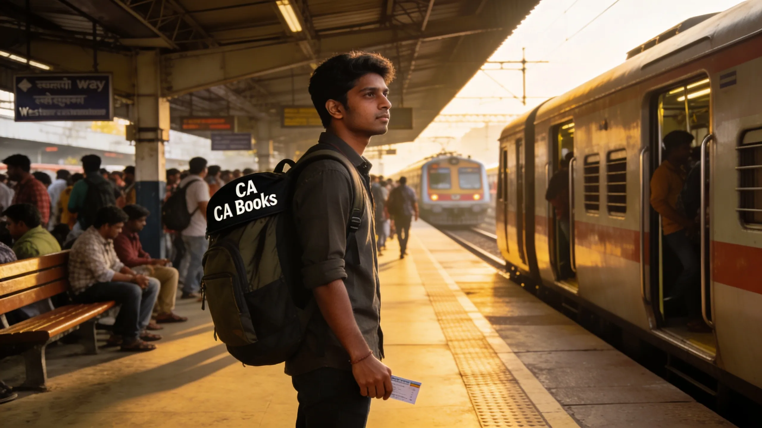 CA student boarding local train in Mumbai during exam season with study bag