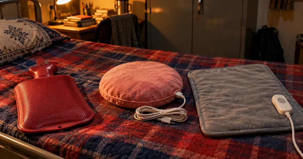 A red rubber hot water bag, a round pink electric heating bag with its cord and a grey electric heating pad with a wired controller laid side by side on a checked blanket on a hostel bed
