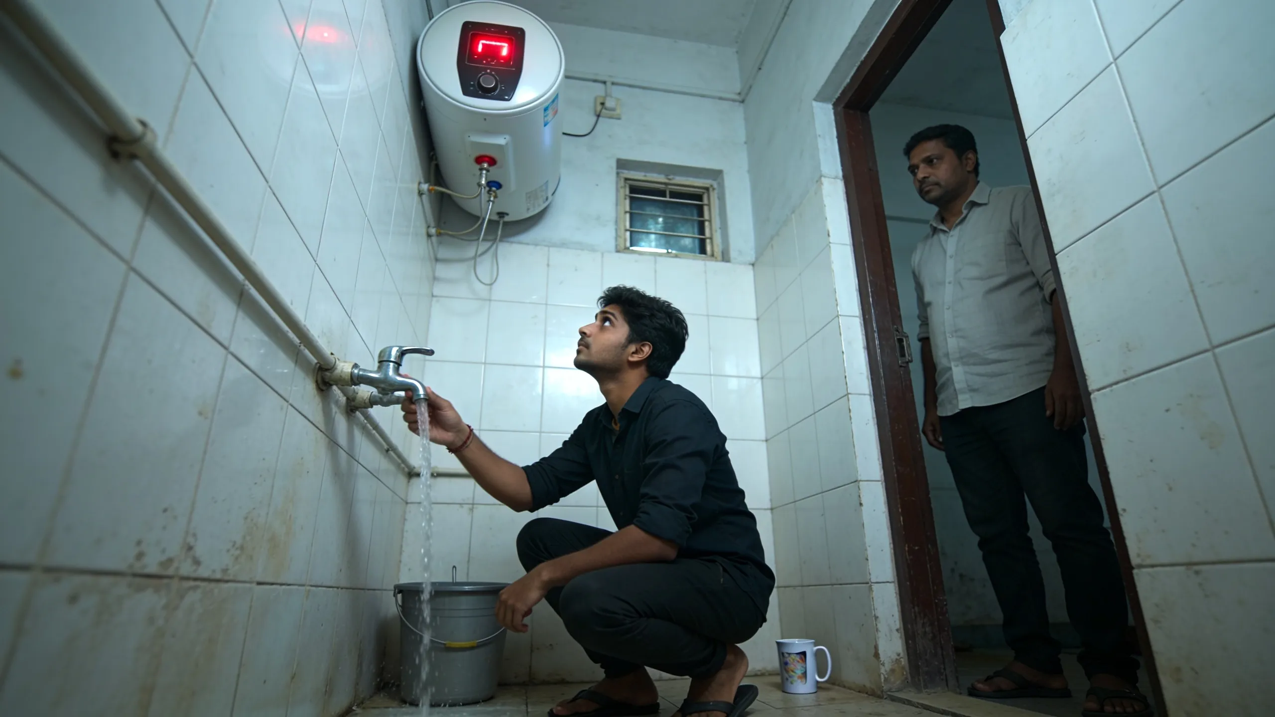 Student checking water tap and geyser in PG bathroom during room visit in India