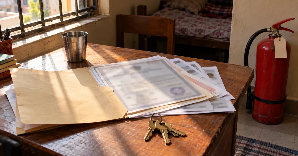 An open manila folder of stamped certificates and photocopies on a wooden desk in a PG room, beside a set of brass keys, a red fire extinguisher with a paper inspection tag and a steel tumbler, lit by afternoon sun through a barred window.