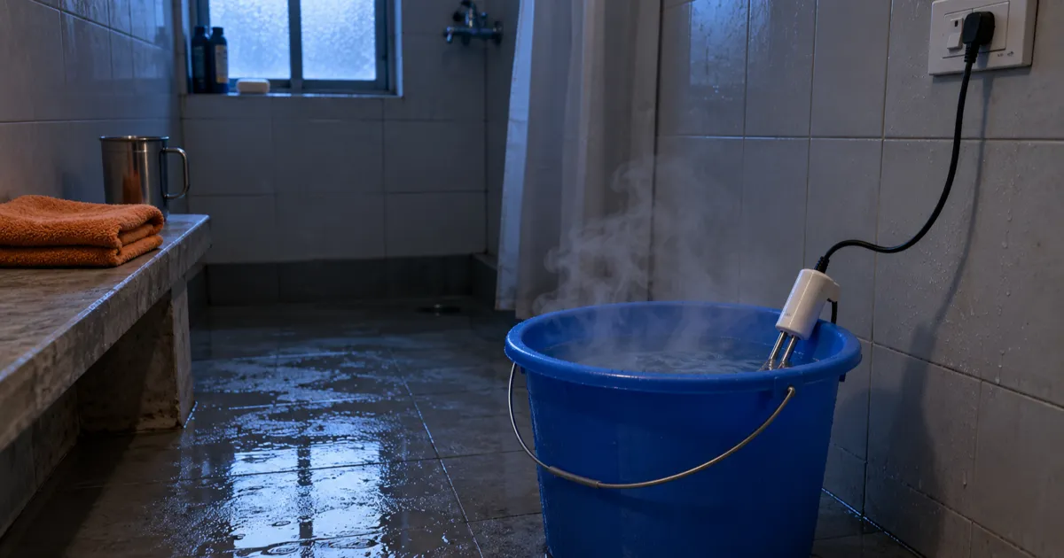 A white immersion rod heats a blue plastic bucket of steaming water on the wet tiled floor of a hostel bathroom, its black cord running up to a wall socket, with a steel mug and an orange towel on a concrete ledge.