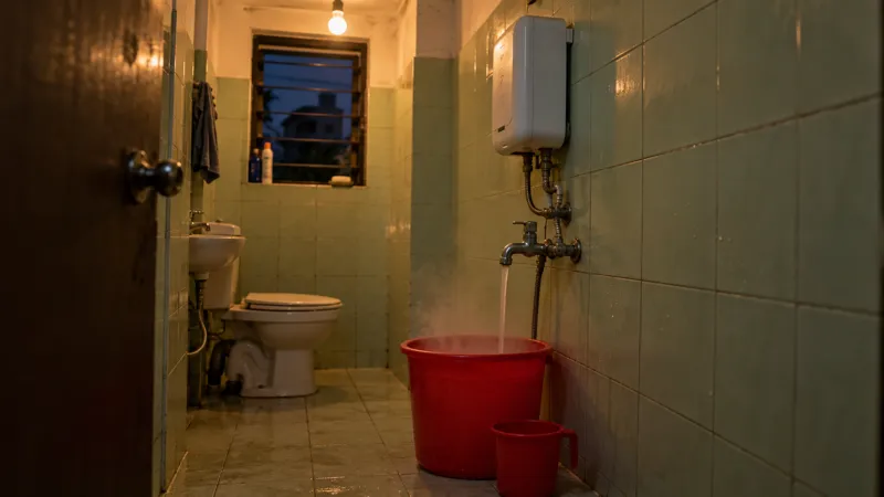 A small white instant water heater on the green-tiled wall of a narrow PG bathroom fills a red bucket with steaming water, lit by a single bulb in the evening.