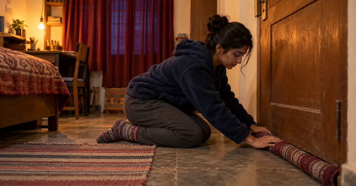Student in a fleece hoodie kneeling at a hostel room door at dusk, pressing a rolled fabric draught stopper along the gap under the door, maroon curtains drawn behind