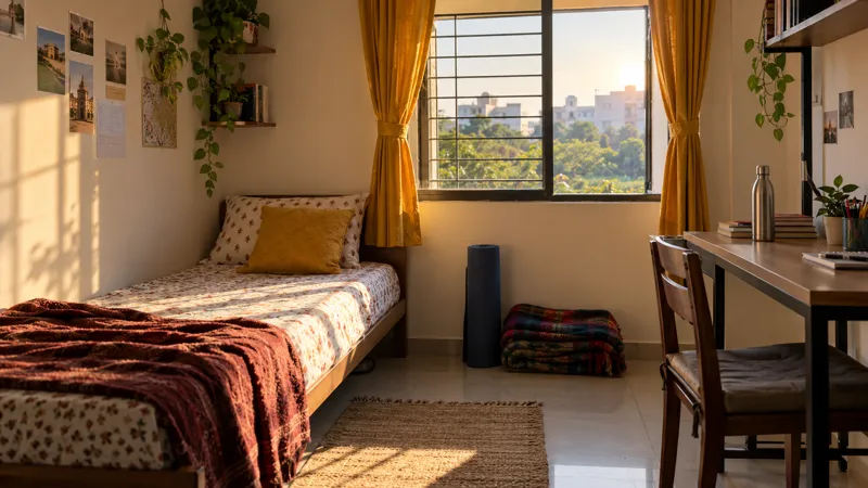 Low winter sun falling across a single bed pushed against the inside wall of a small hostel room, mustard curtains tied back and a rolled yoga mat and folded blanket on the floor