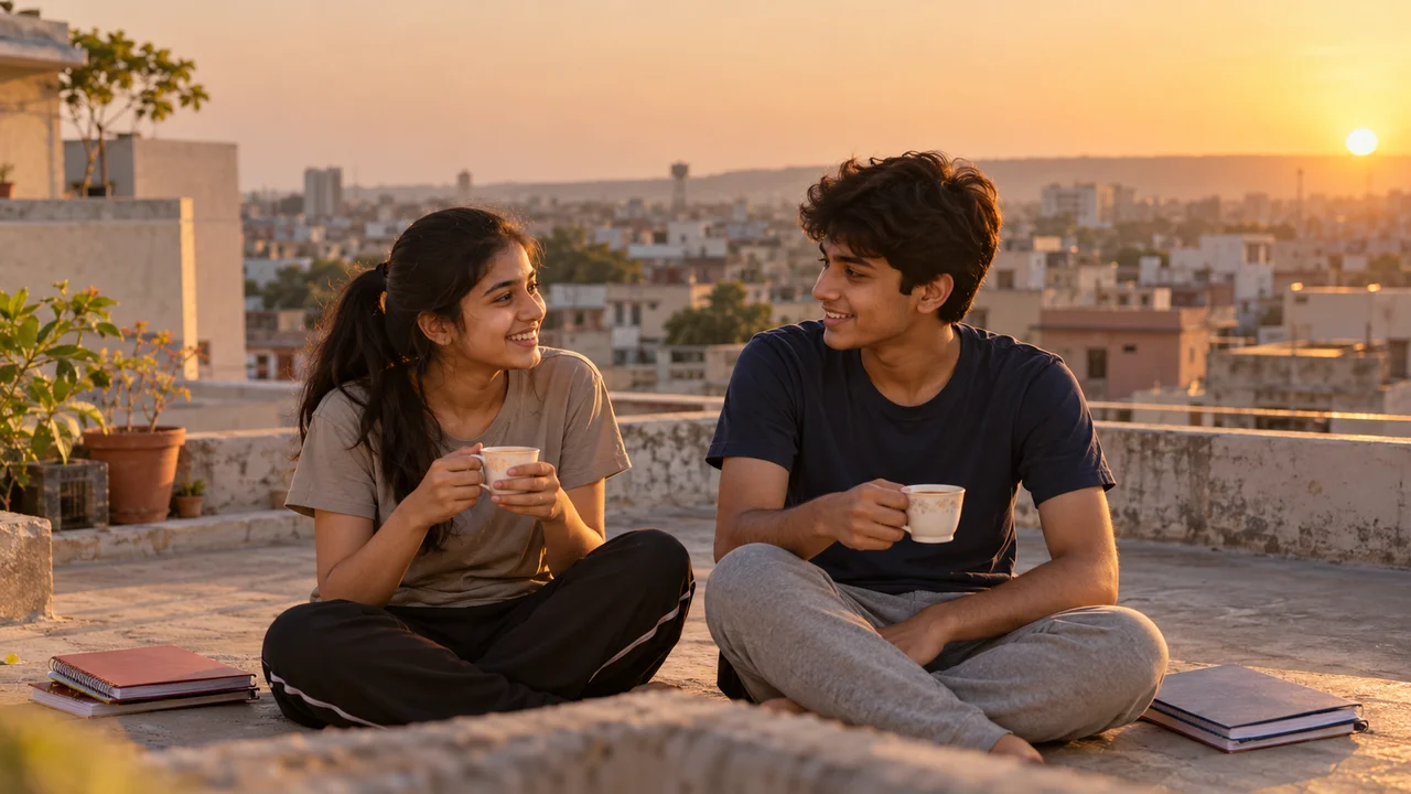 Two coaching students sit together on a hostel terrace in Kota at sunset, sharing tea and talking with their notebooks closed.