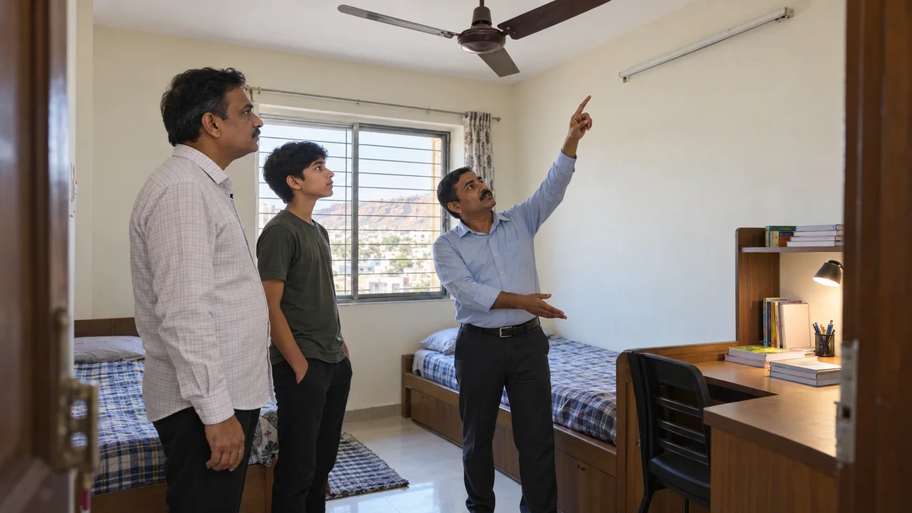 A father and his teenage son inspect a clean student hostel room in Kota while a warden shows them the ceiling fan and study desk.