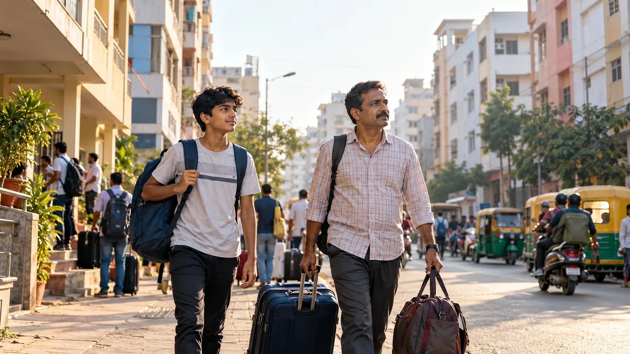 A teenage student with a backpack and a parent carrying a suitcase walk along a busy street lined with student hostels in Kota, Rajasthan, in morning light.