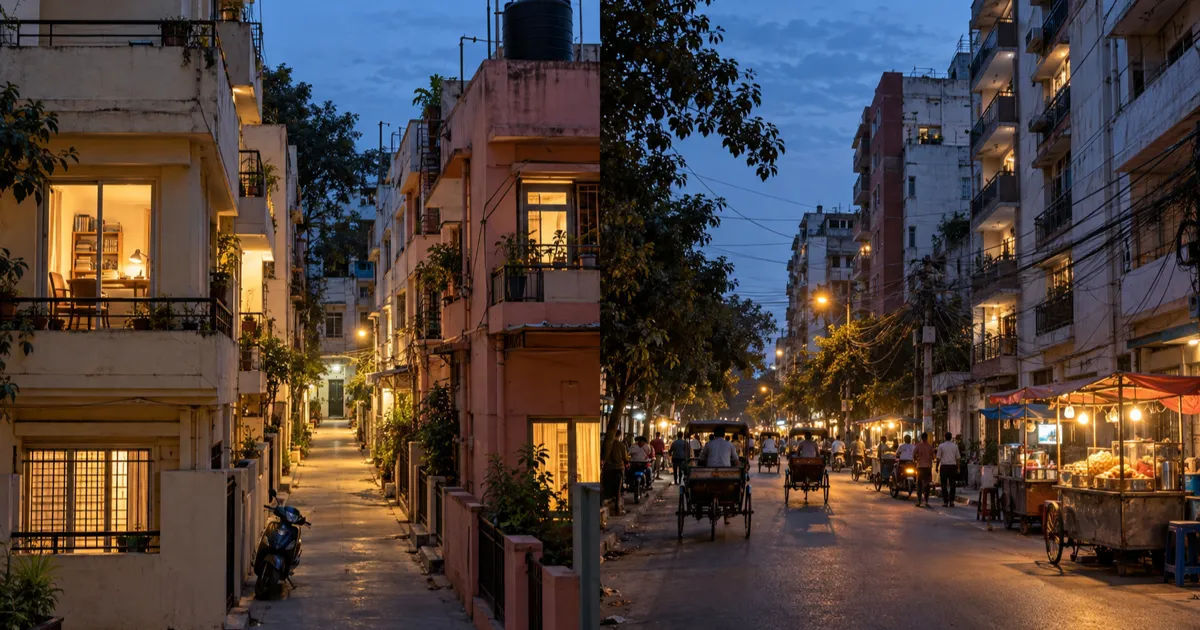 A split view of two north and central Delhi residential lanes at dusk, one narrow lane of four-storey buildings with study-room balconies and lit windows, the other a wider road lined with tall blocks and tangled overhead cables.