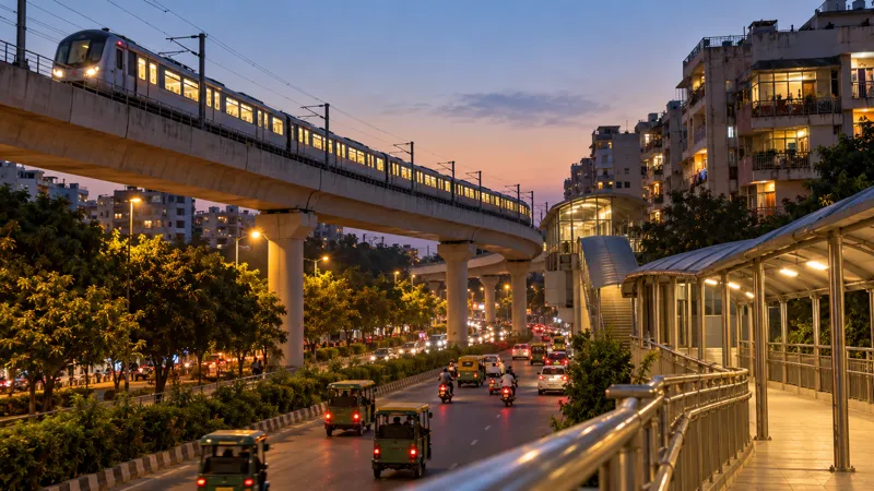 An elevated Delhi Metro viaduct curving above a north Delhi road in the early evening, with a lit train overhead, e-rickshaws and scooters below and a railed footpath leading to the station stairs.