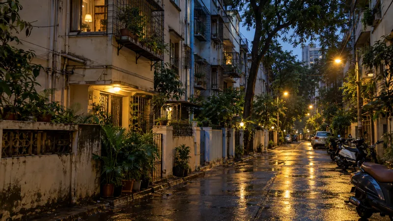 A narrow Dadar West lane after monsoon rain, lined with old four- and five-storey buildings with grilled balconies, a study lamp lit in one upper window and scooters parked on the wet road at dusk.