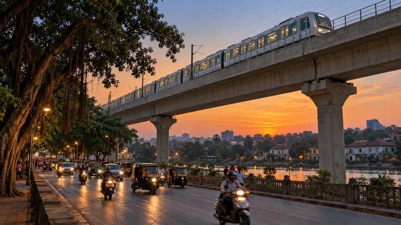 An elevated Pune metro viaduct above a busy road near the river at dusk, with a metro train overhead, scooters and auto rickshaws below and old banyan trees along the footpath.