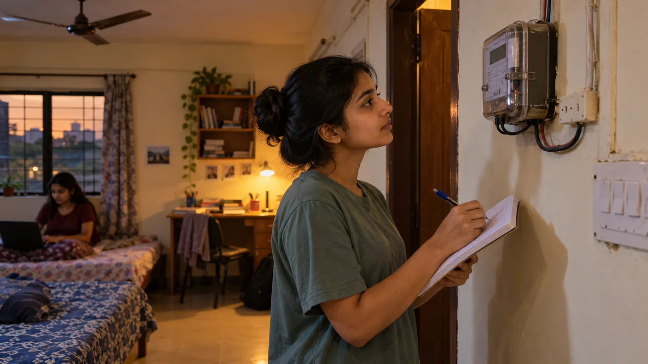 A student in a shared PG room in India writes down the reading from a wall-mounted electricity sub-meter in a notebook.