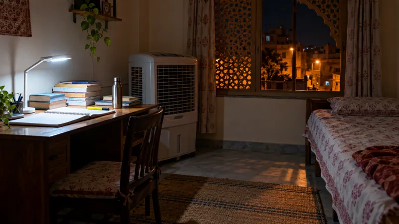 A small Jaipur PG study room at night with stacks of exam books under a desk lamp, a desert air cooler beside the desk and a sandstone jaali window looking onto a street lit in orange.