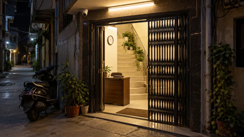 The lit entrance of a north Delhi girls PG at night, with a half-open steel grille gate, a CCTV camera above the door, a desk with a closed visitor register and a wall clock inside.