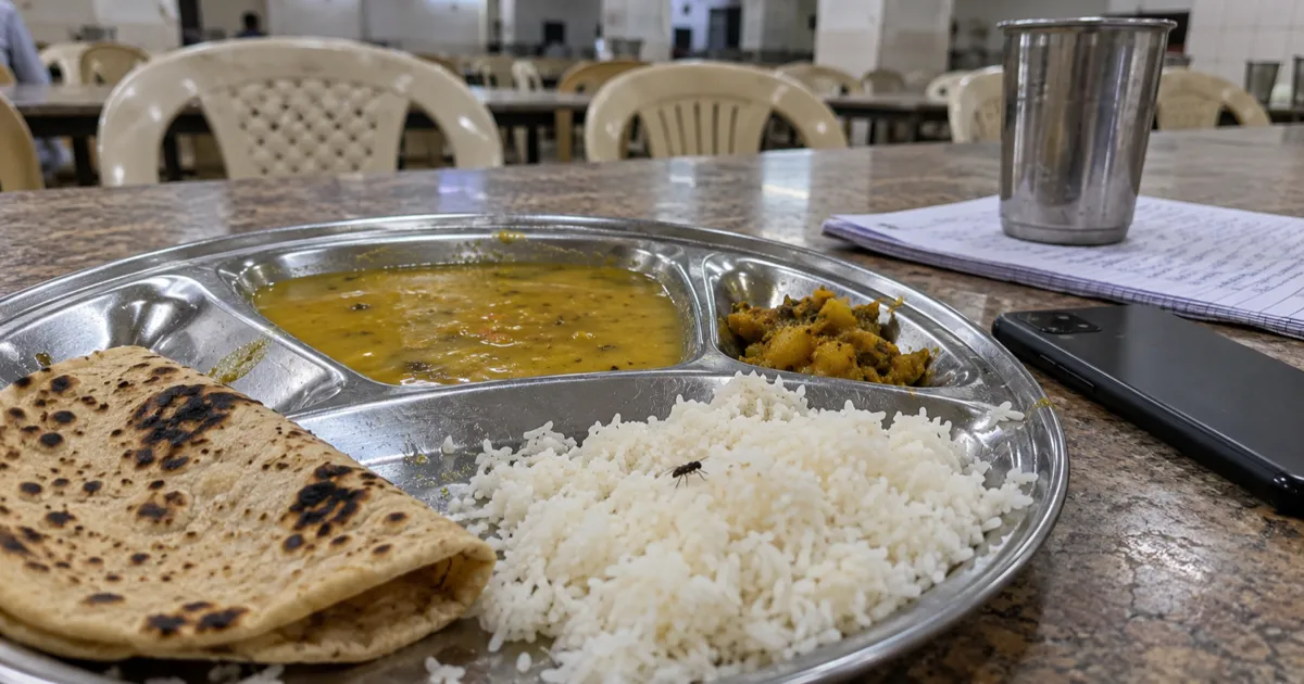 A steel mess thali on a long laminate dining table holds watery dal, a burnt roti and rice with a small dark insect visible in it, beside a phone lying face down and a folded handwritten note.