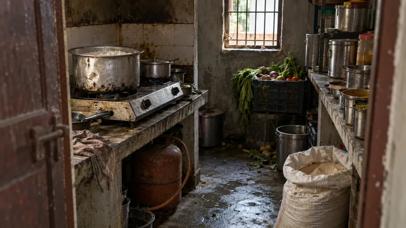 A cramped PG mess kitchen seen from the doorway, with a dented aluminium rice pot on a gas stove, an open flour sack on a damp floor, uncovered containers on a greasy shelf and a crate of wilting vegetables.