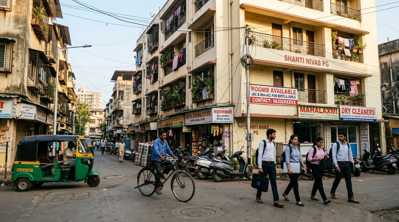 Typical PG accommodation street in Andheri East Mumbai near MIDC with auto-rickshaws and working professionals