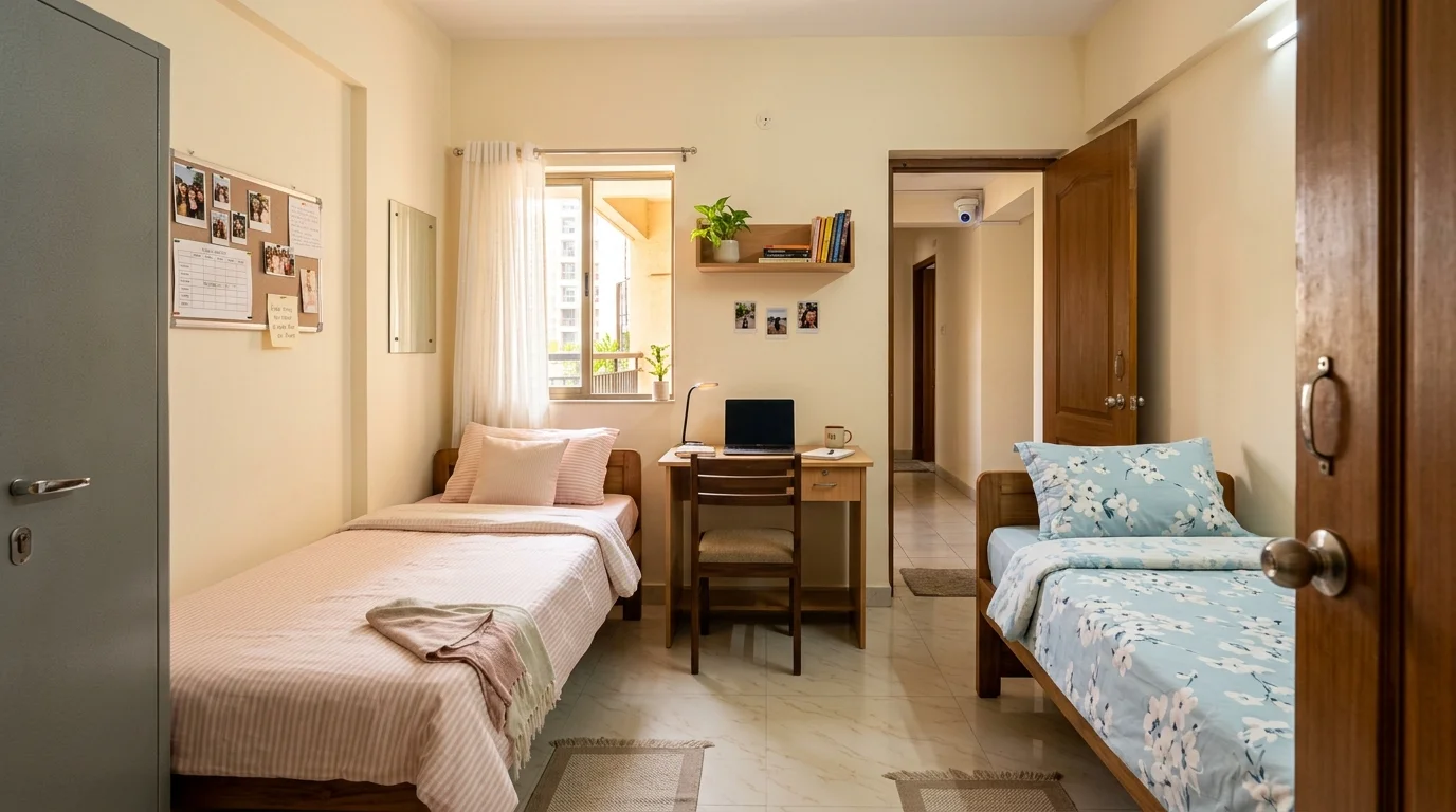 Women-only PG room in Andheri Mumbai showing safe and well-maintained accommodation with security features
