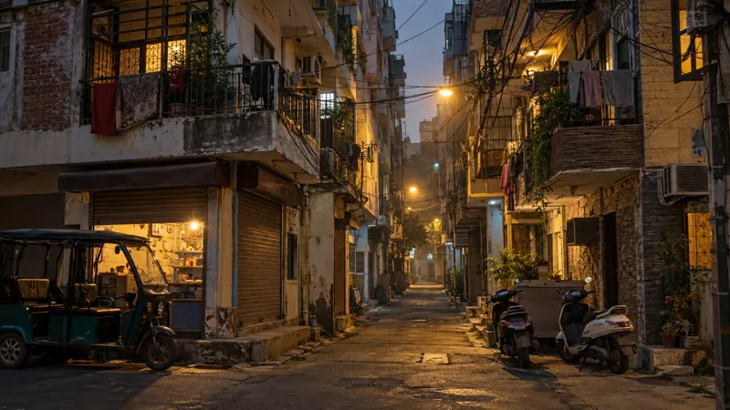 A narrow East Delhi residential lane on a winter evening, with four-storey buildings, grilled balconies, overhead cables, a parked e-rickshaw and warm lamp light in upper windows.