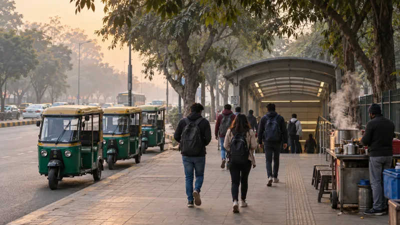 A tree-lined north Delhi road on a hazy winter morning with green e-rickshaws at the kerb and students seen from behind walking to an underground metro entrance past a steaming tea cart.