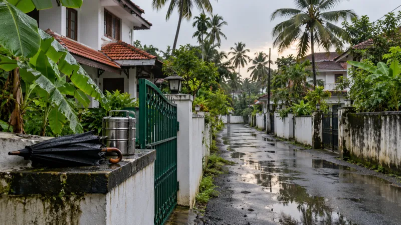 A narrow residential lane in a Kochi suburb after monsoon rain, with red-tiled two-storey houses, coconut palms, and a black umbrella and steel tiffin carrier resting on a low wall by a green gate.