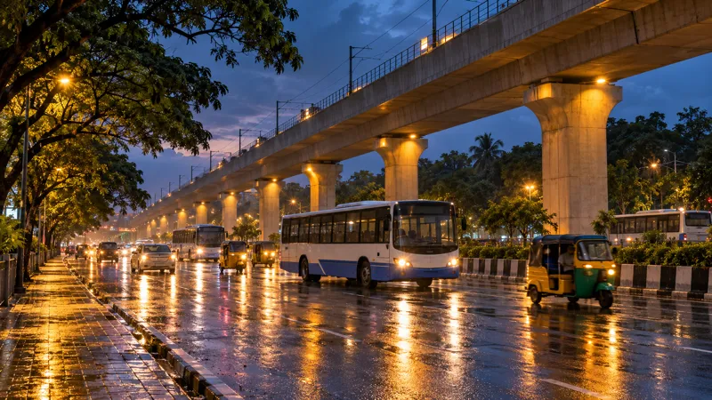 A raised metro viaduct above a wide south Chennai road at dusk, with city buses and auto rickshaws in traffic on a rain-wet road reflecting headlights and street lamps.