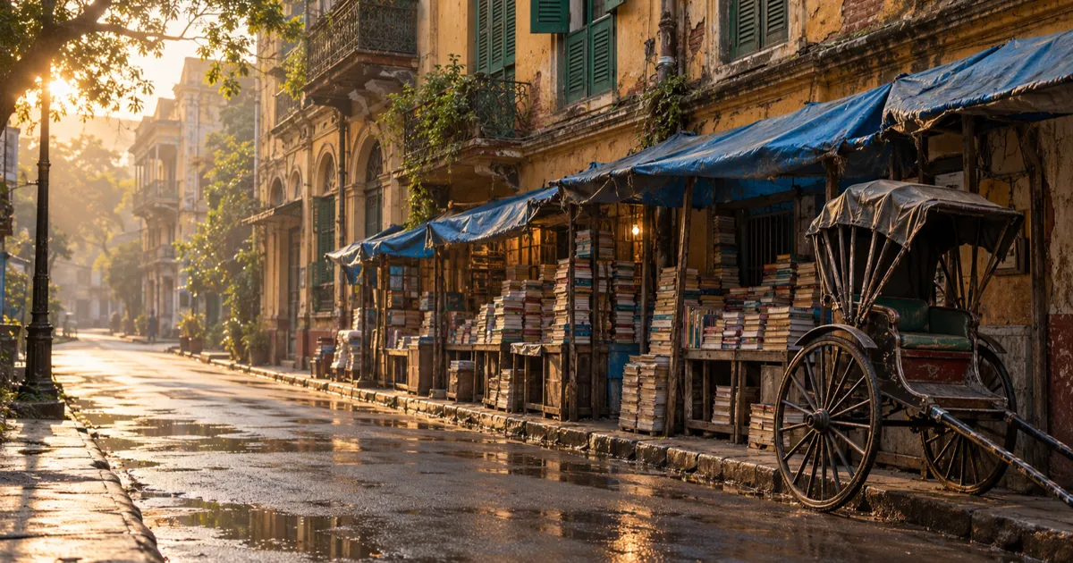 Wooden pavement stalls stacked high with second-hand books under blue tarpaulin along an old north Kolkata street at early morning, with a hand-pulled rickshaw parked by a weathered building with green shutters.
