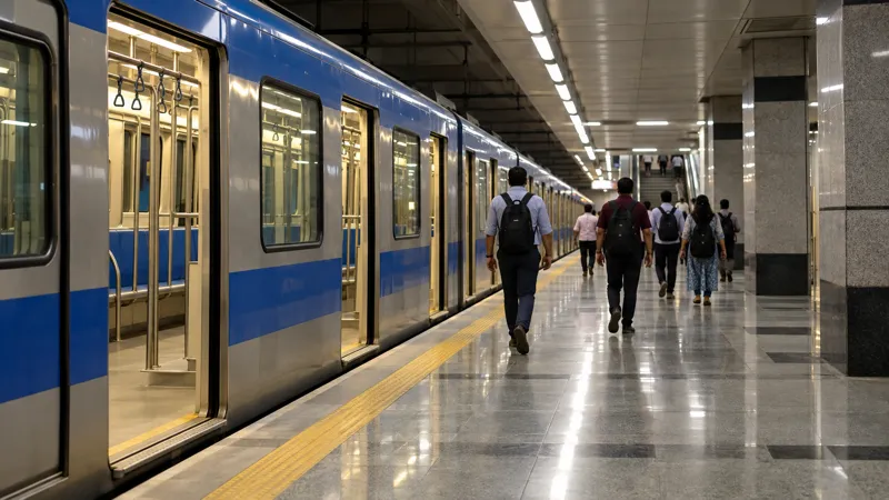 A blue and silver train with open doors at an underground Kolkata Metro platform on a weekday morning, with commuters carrying backpacks seen from behind walking toward the exit.