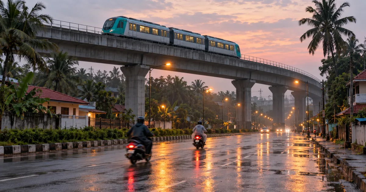 A teal and white metro train crossing a raised concrete viaduct above a wet four-lane road in suburban Kochi at dawn, with puddles reflecting streetlights, coconut palms and low tiled-roof buildings along the roadside.