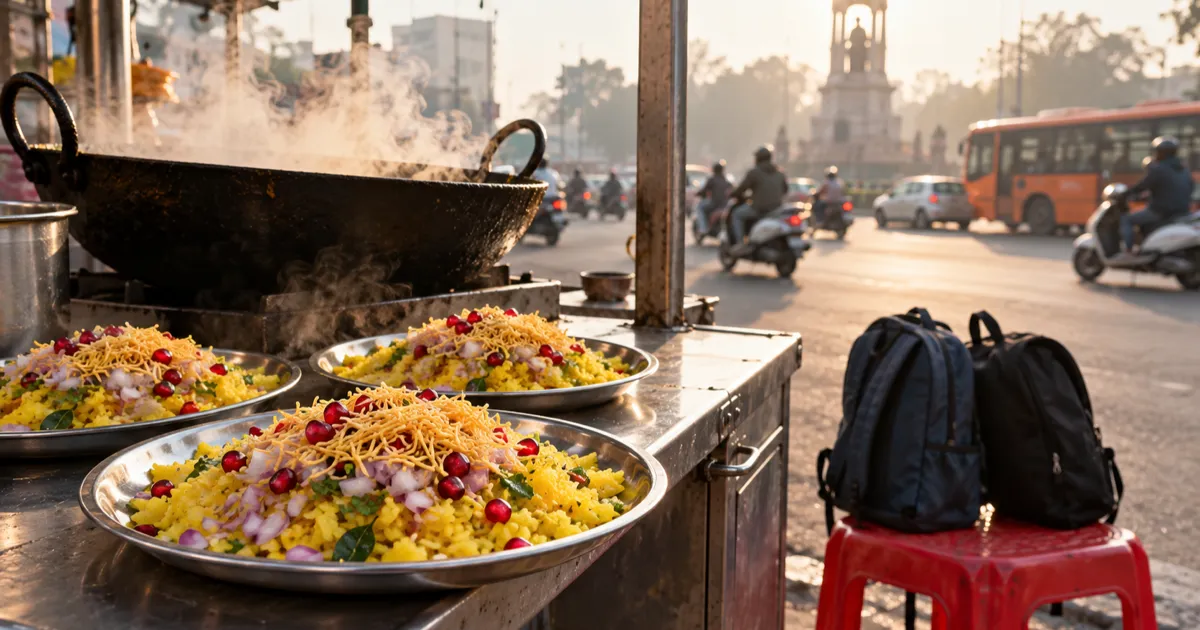 A roadside poha stall at a busy Indore traffic square in early morning, with steel plates of yellow poha topped with sev, a wide iron kadhai giving off steam, two student backpacks on a plastic stool and blurred scooters and a city bus behind.